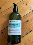 A green pump bottle labeled ladybirdplantcare.co.uk Horticultural Soap sits on a wooden floor. The label notes a 1:100 dilution rate and describes it as a contact insecticide from natural oils for plant care.
