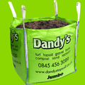 A large bag labeled Dandy's Topsoil & Landscape Supplies, filled with Compost AutumnMix Garden Mulch, featuring handles and text about turf, topsoil, gravel, bark, organic compost, sand, and rock salt on a bright green background.