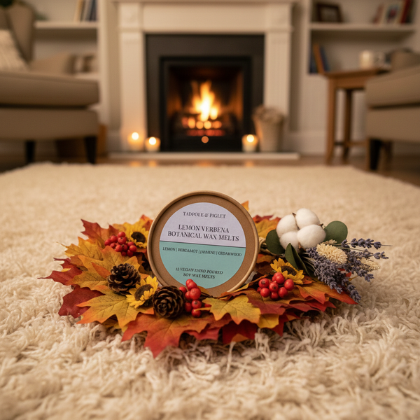 Tadpole & Piglet’s Lemon Verbena Botanical Wax Melts rest on a wreath of autumn leaves, berries, and flowers atop a cozy living room carpet, with a fireplace glowing nearby and a refreshing citrus aroma in the air.