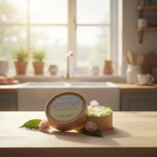 An open round container of Tadpole & Piglet Lemongrass & Ginger Botanical Wax Melts sits on a kitchen counter among flowers, with sunlight streaming in and potted plants nearby, evoking a luxury Thai spa atmosphere.