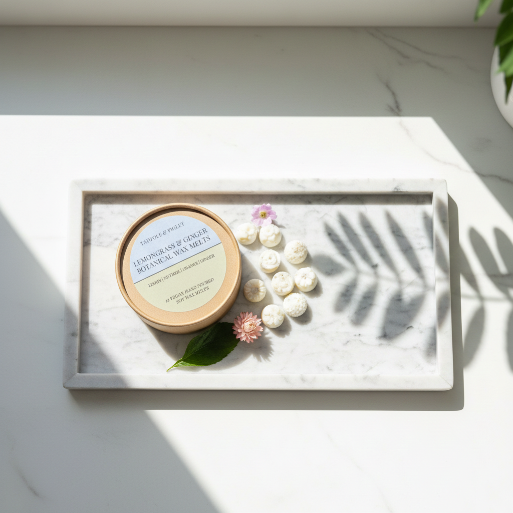 A marble tray holds Tadpole & Piglet’s Lemongrass & Ginger Botanical Wax Melts, a round container labeled Bath Soak & Spa Salts, small white bath bombs, a pink flower, and a green leaf in bright sunlight with soft shadows.