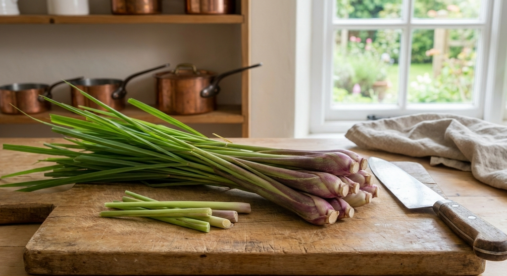 Fresh Lemongrass East Indian stalks on a chopping board with a kitchen knife and garden view