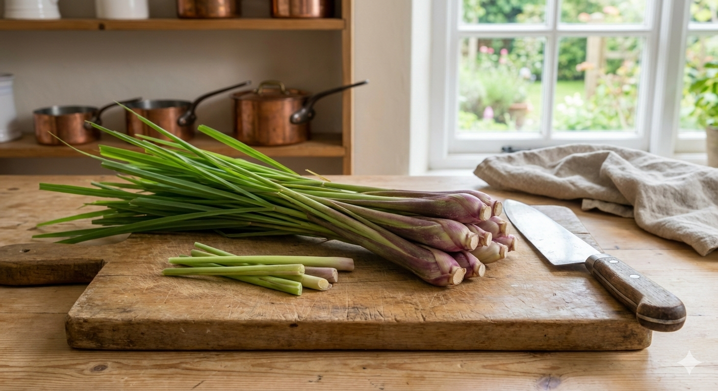 A bunch of fresh lemongrass stalks on a rustic wooden chopping board, next to a large knife, with a kitchen tea towel and copper pots in the background by a window.