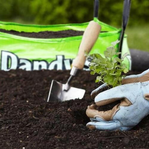 A gloved hand holds a small plant ready for planting in soil, with a trowel and an open bag of Topsoil Welsh Multi Purpose from Dandy's Topsoil & Landscape Supplies visible in the background.