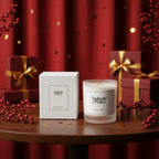 The Tadpole & Piglet Myrrh & Tonka Scented Candle and its box sit on a wooden table among red berry branches, gold confetti, and festive red gift boxes with gold ribbons, set against a red curtain for a luxurious home fragrance display.