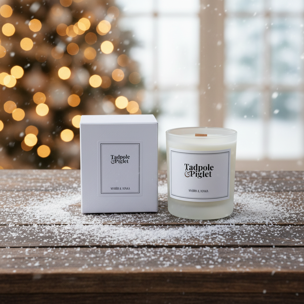 The Tadpole & Piglet Myrrh & Tonka Scented Candle, in its white box, rests on a snowy wooden table with holiday lights and a blurred Christmas tree beyond the window—an ideal touch of luxury home fragrance this season.