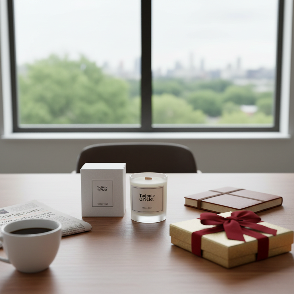 A Tadpole & Piglet Myrrh & Tonka Scented Candle, its box, a cup of coffee, a newspaper, a notebook, and a gold gift box with red ribbon sit on a wooden table by the window—luxurious fragrance meets city elegance.