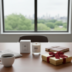 A Tadpole & Piglet Myrrh & Tonka Scented Candle, its box, a cup of coffee, a newspaper, a notebook, and a gold gift box with red ribbon sit on a wooden table by the window—luxurious fragrance meets city elegance.