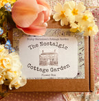 A brown box labeled "The Nostalgic Cottage Garden Flower Box - 24 Packets" from Bishy Barnabees Cottage Garden sits among pastel blooms, evoking a vintage springtime vibe—ideal for gifting cottage garden seeds.