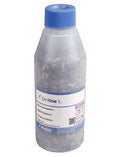 A clear plastic bottle with blue cap labeled "Thrips Killer - Orius" from ladybirdplantcare.co.uk, containing Orius laevigatus granules as a trusted biological thrips control. The label includes text, QR codes, and branding.