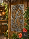 Metal parrot and palm leaf garden screen panel on a bamboo wall