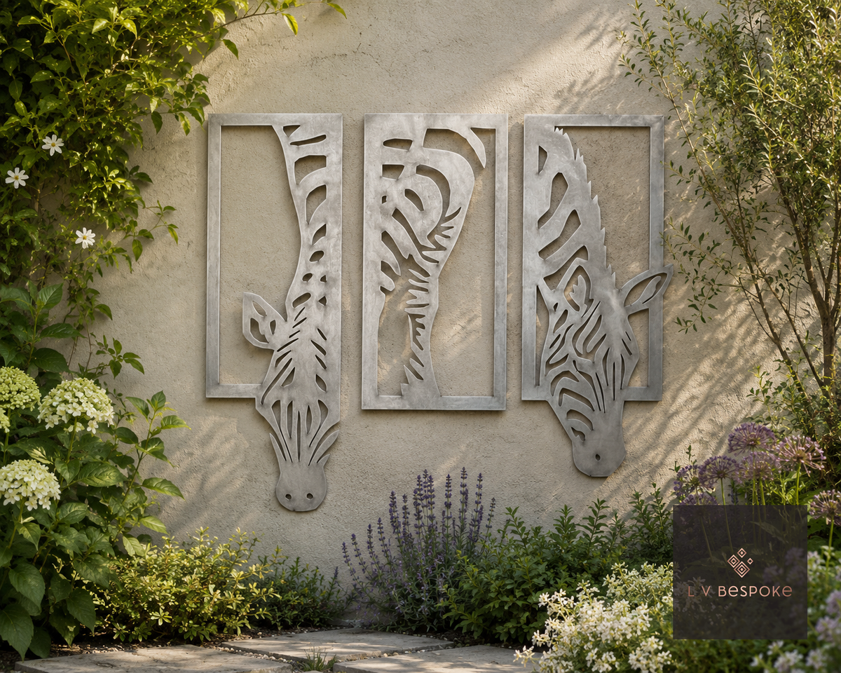 Three-panel metal zebra wall art on a garden wall