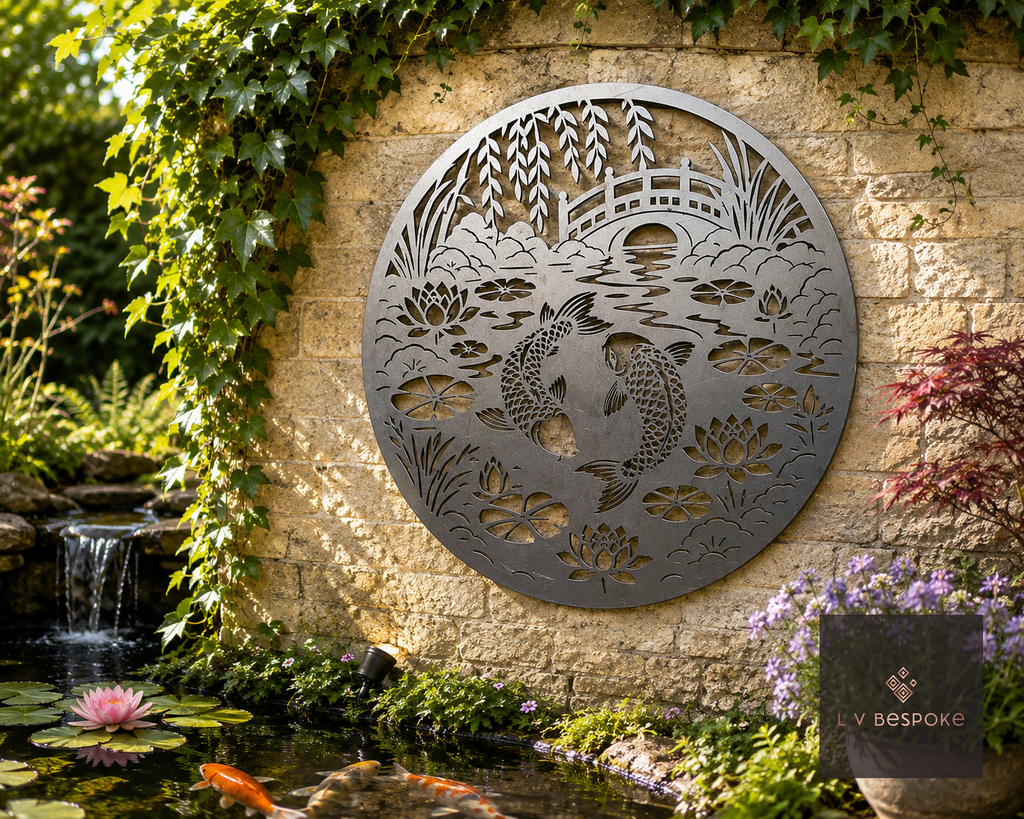 Round metal koi fish wall art on a stone wall by a garden pond