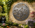 Round metal koi fish wall art on a stone wall by a garden pond