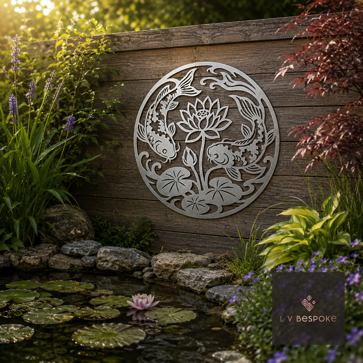 Round metal lotus and lily pad wall art by a garden pond