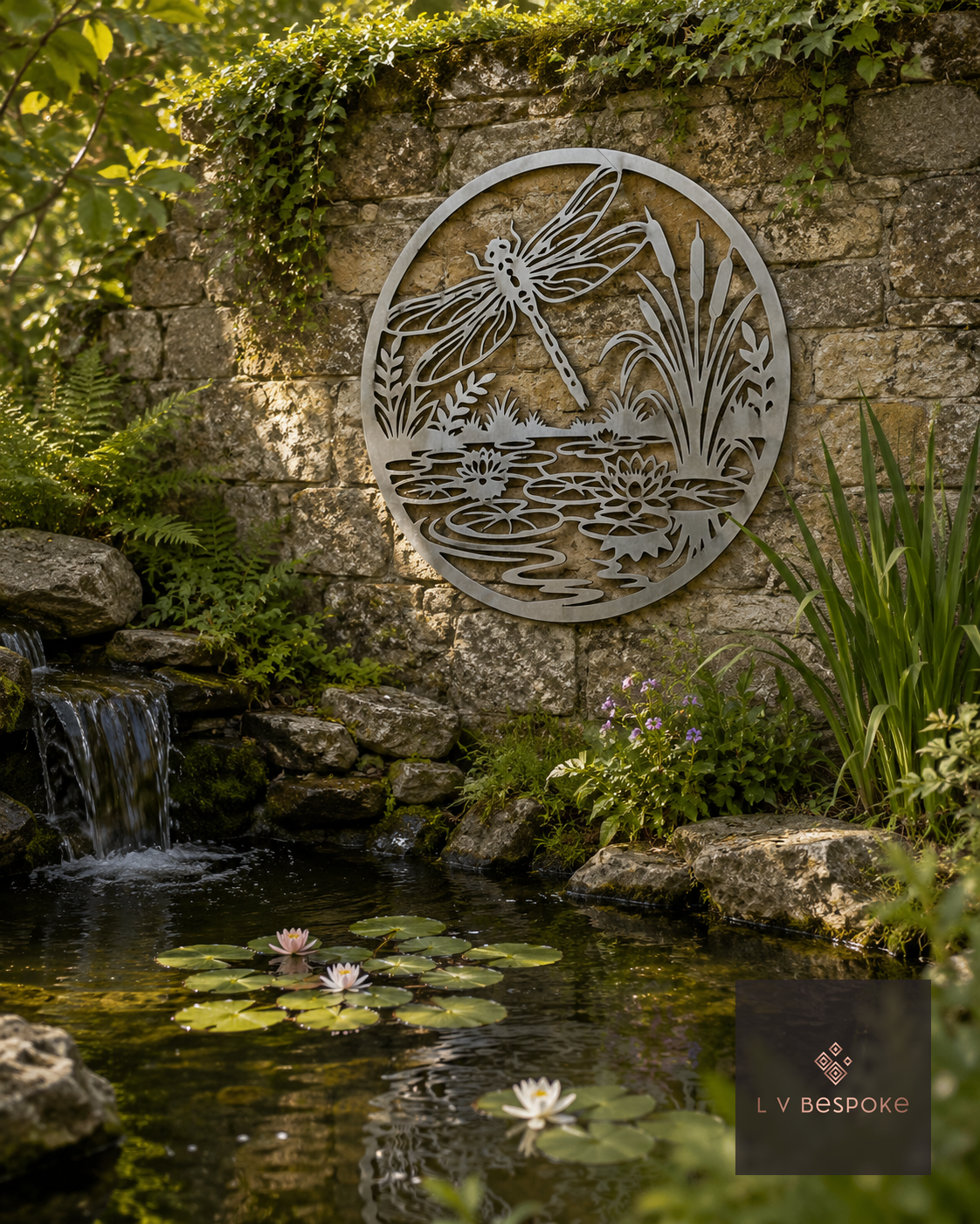 Round metal dragonfly and reeds wall art above a pond
