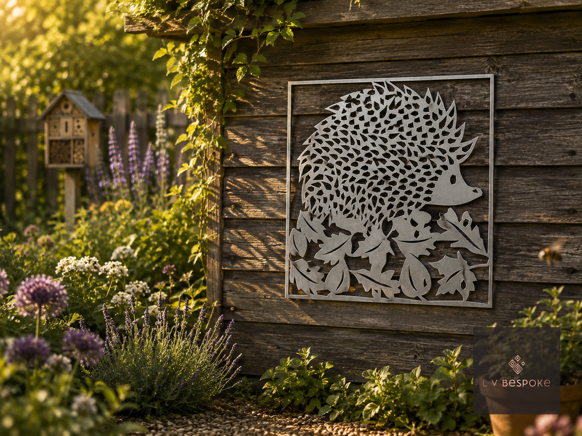 Square metal hedgehog wall art on a wooden garden fence
