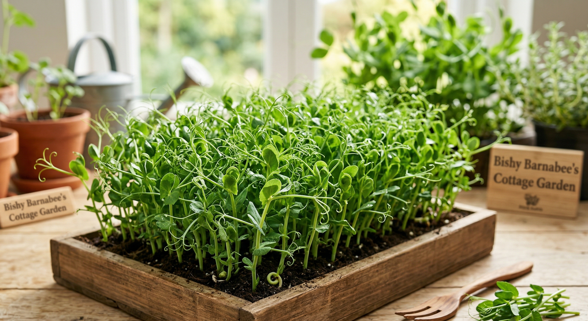 Close-up photograph of a fresh tray of intricate pea shoot tendril microgreens growing densely in soil within a Bishy Barnabee's Cottage Garden greenhouse.