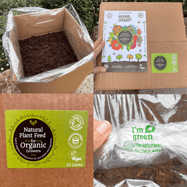 A collage shows: an open Natural Grower box with soil, packaging labeled Natural Plant Feed 22L "Bag in a Box," a green recyclable label, and eco-friendly, vegan, organic badges. Features an organic slow-release feed.