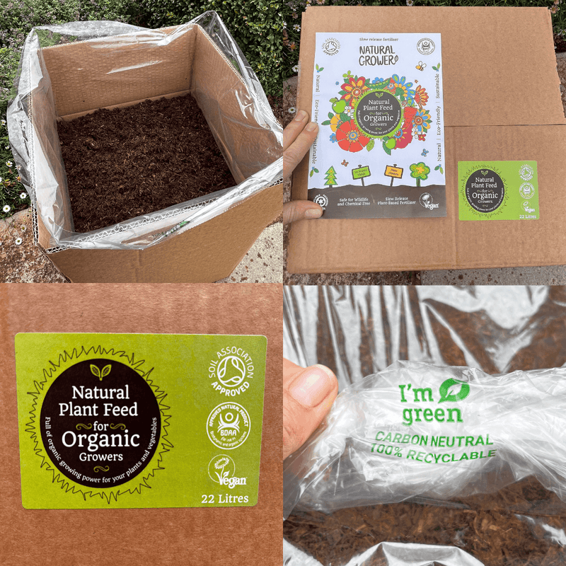A collage shows: an open Natural Grower box with soil, packaging labeled Natural Plant Feed 22L "Bag in a Box," a green recyclable label, and eco-friendly, vegan, organic badges. Features an organic slow-release feed.