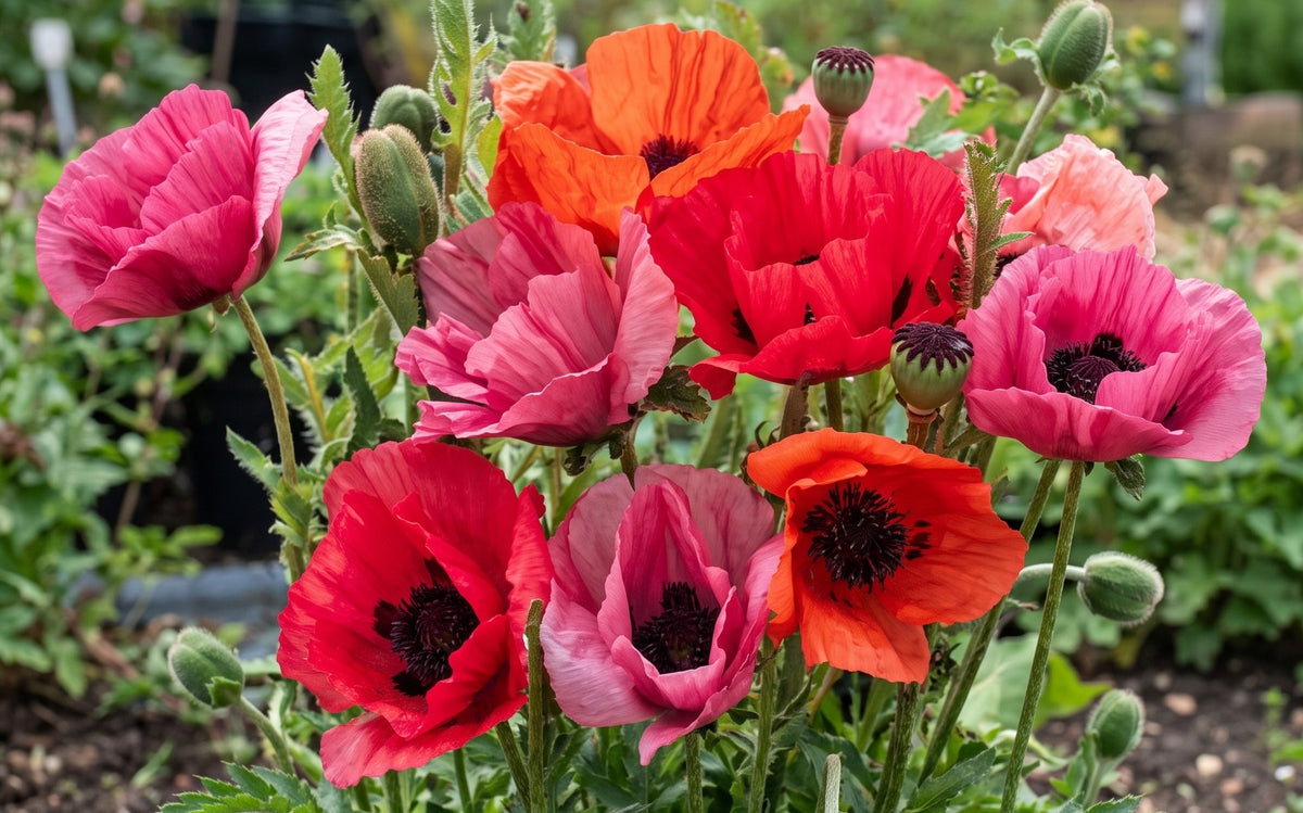 Poppy Oriental Fruit Punch (Papaver orientale) – red, coral and pink flowers in a border