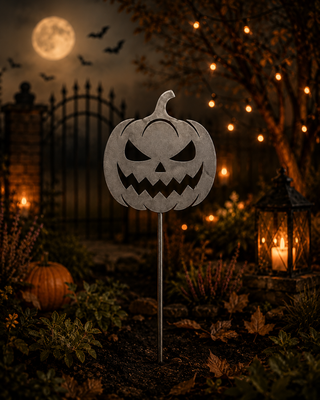 Metal jack-o'-lantern pumpkin garden stake in a night-time Halloween scene