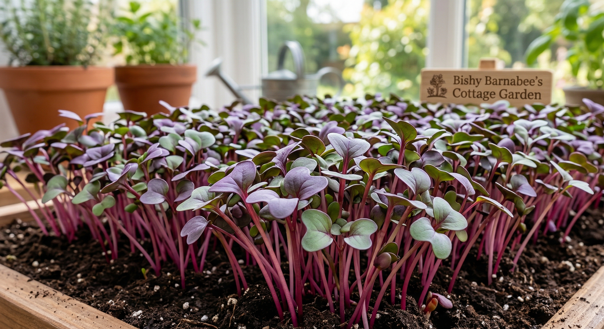 A dense tray of vibrant China Rose Radish microgreens showing distinct pink-red stems and purple-green leaves, set in a sunlit Cottage Garden greenhouse.