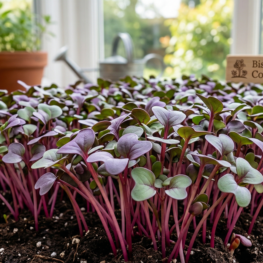 A dense tray of vibrant China Rose Radish microgreens showing distinct pink-red stems and purple-green leaves, set in a sunlit Cottage Garden greenhouse.