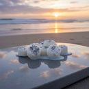 Tadpole & Piglet’s Rock Salt & Driftwood Botanical Wax Melts, white and flower-shaped with lavender pieces, rest on a reflective tile at the beach as the sun sets over the ocean, filling the air with their soothing scent.