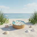 A round box of decorated cupcakes rests on a beach with seashells and grass, set against a calm ocean—evoking the soothing scent of Tadpole & Piglet's Rock Salt & Driftwood Botanical Wax Melts.