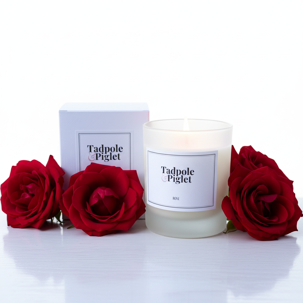 A Tadpole & Piglet Rose Scented Candle in a frosted glass jar sits beside its white box, surrounded by three red roses on a white surface.