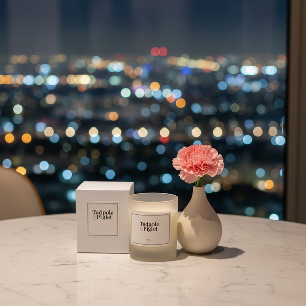 A Tadpole & Piglet Rose Scented Candle with its box rests on a marble table next to a small vase holding a pink carnation, city lights softly blurred through the window in the background.