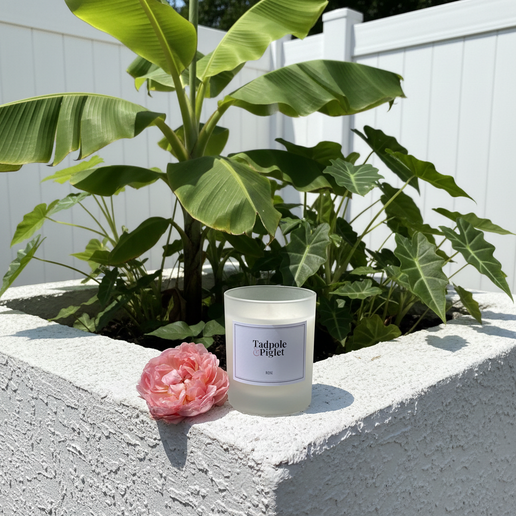 A Rose Scented Candle by Tadpole & Piglet, made from natural soy wax, sits next to a pink flower on a white planter with lush green plants, all set against a white fence in bright sunlight.