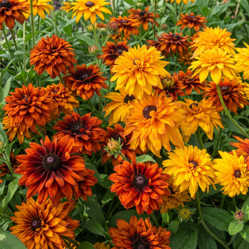 Rudbeckia Cherokee Sunset (Rudbeckia hirta) – mass of double orange, bronze and yellow flowers