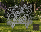 Metal rabbit silhouette garden stake among flowers