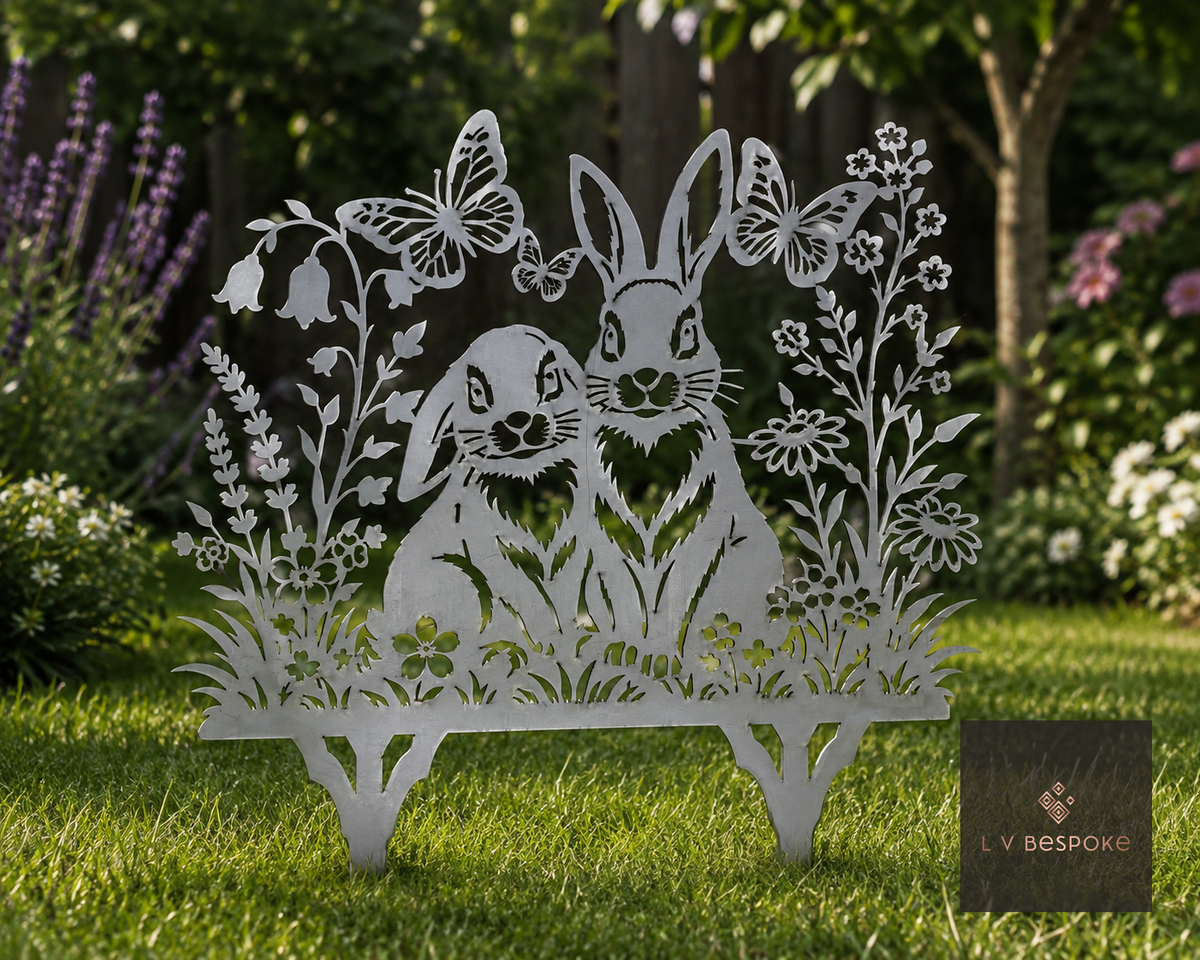Metal rabbit silhouette garden stake among flowers