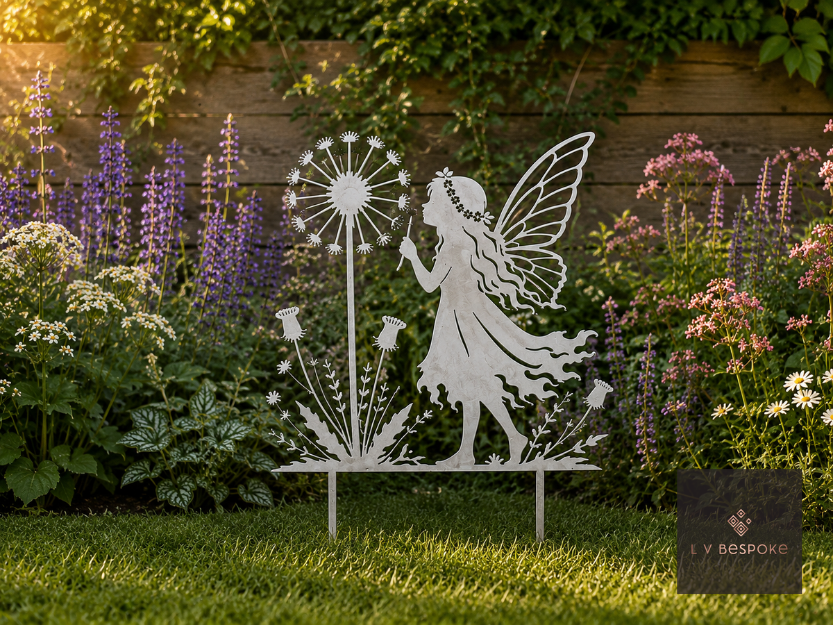 Metal fairy with dandelion clock garden stake on a lawn