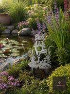 Metal frog on a toadstool garden stake beside a pond