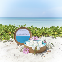 Tadpole & Piglet Seychelles Botanical Wax Melts, infused with coconut and vanilla, rest among flowers and seashells on white sand, with green foliage and a turquoise ocean beneath a clear blue sky.