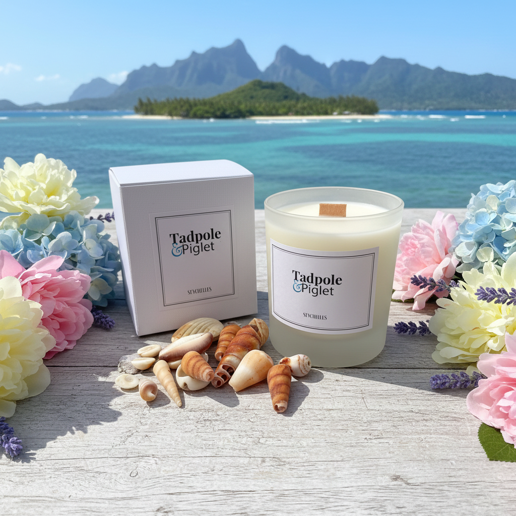 A Tadpole & Piglet Seychelles Scented Candle with an FSC-Certified Wooden Wick sits with its box on wood among seashells and pastel flowers, against a backdrop of a tropical sea and lush green mountains under a blue sky.