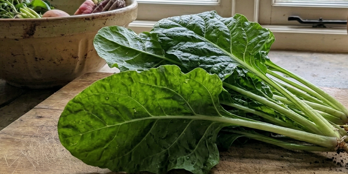 Fresh green Spinach Perpetual leaves from Bishy Barnabees Cottage Garden Ltd rest on a wooden cutting board, with a ceramic bowl of vegetables and sunlight streaming through a window in the background.