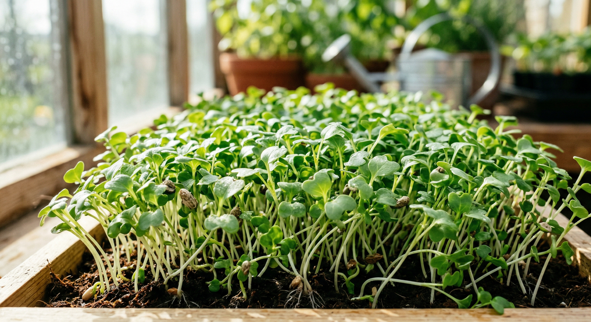 Gemini said
A close-up photograph capturing a dense tray of vibrant, light green sprouting rocket microgreens growing in rich dark soil within a rustic wooden container. Natural daylight illuminates the intertwining stems and cotyledon leaves, set against a softly blurred background hinting at a sunlit greenhouse with potted herbs and a metal watering can.