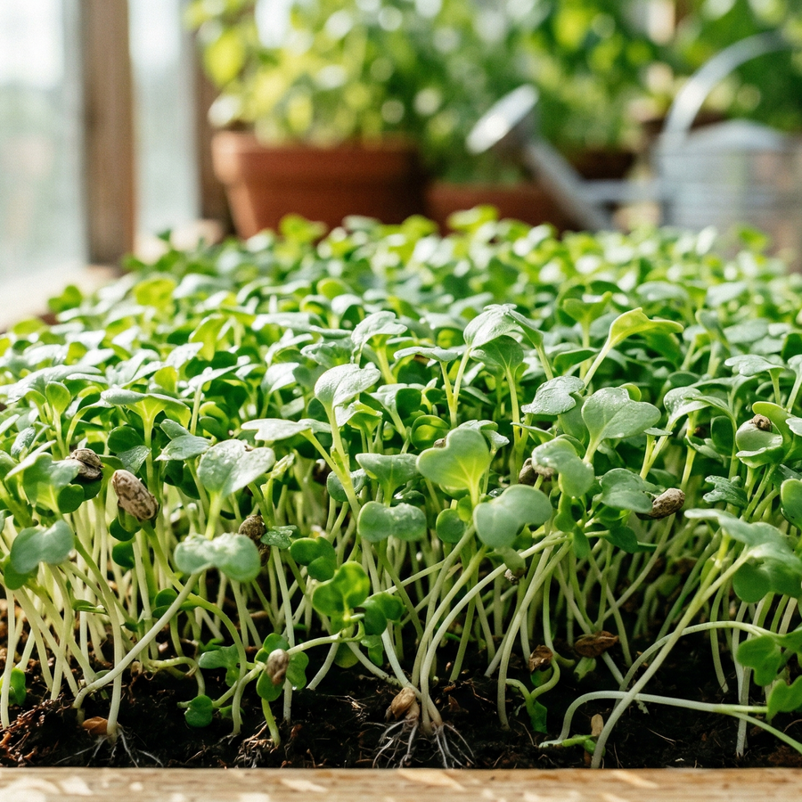 Gemini said
A close-up photograph capturing a dense tray of vibrant, light green sprouting rocket microgreens growing in rich dark soil within a rustic wooden container. Natural daylight illuminates the intertwining stems and cotyledon leaves, set against a softly blurred background hinting at a sunlit greenhouse with potted herbs and a metal watering can.