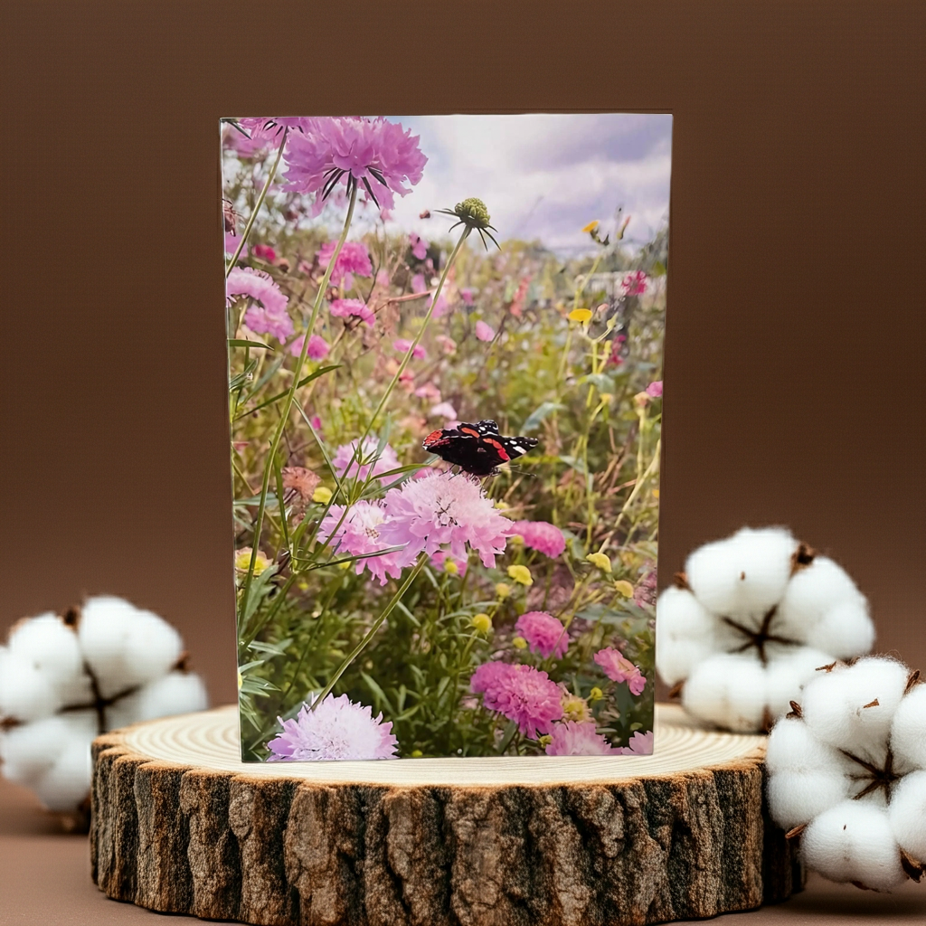 The Summers Day Greeting Card by Bishy Barnabees Cottage Garden features a blank design with pink wildflowers and a butterfly, displayed on a wooden slab with cotton stems—an ideal summer card for any occasion.