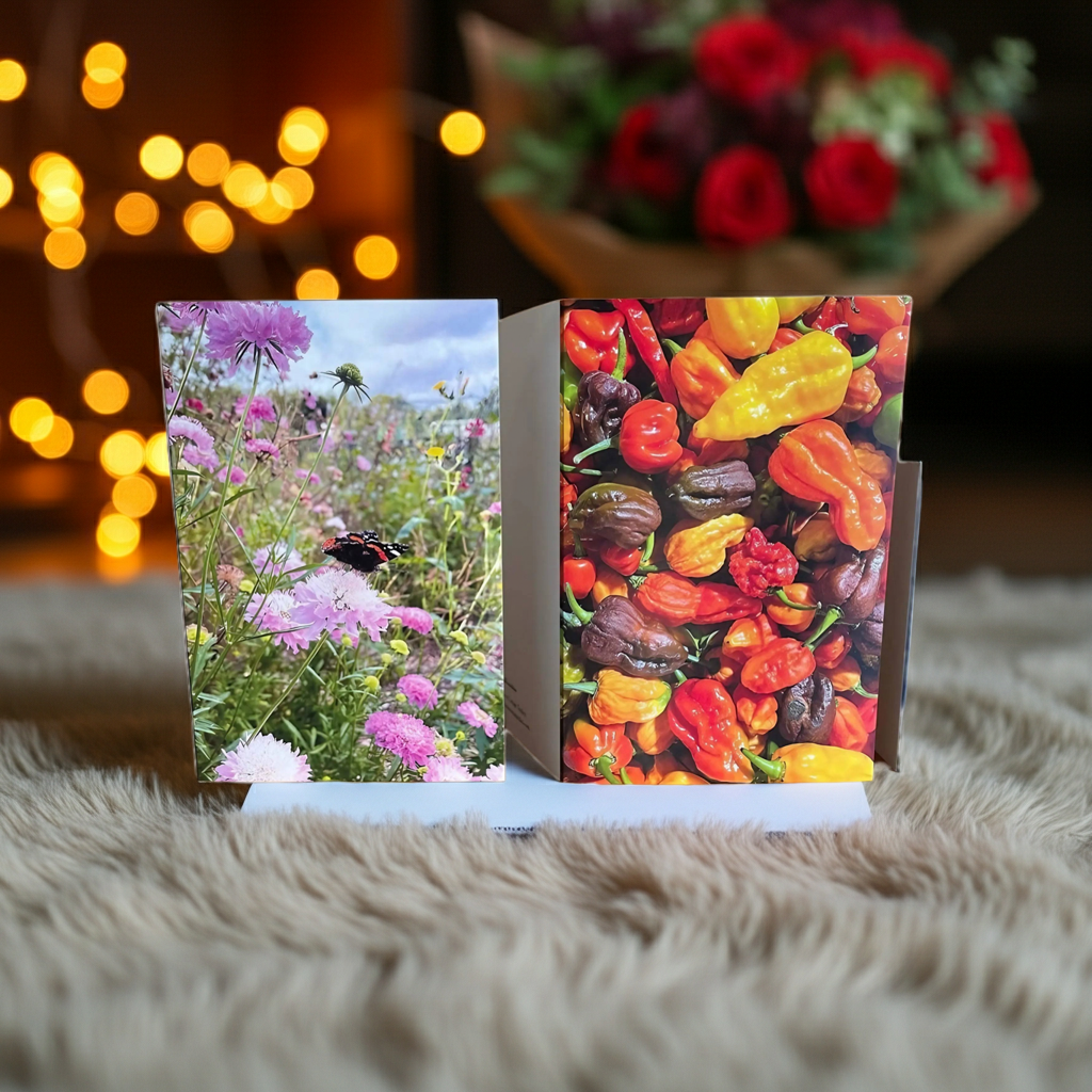 The Summers Day Greeting Card by Bishy Barnabees Cottage Garden stands open on a furry surface, showing hot peppers and a butterfly on wildflowers, with blurred fairy lights and red roses in the background.