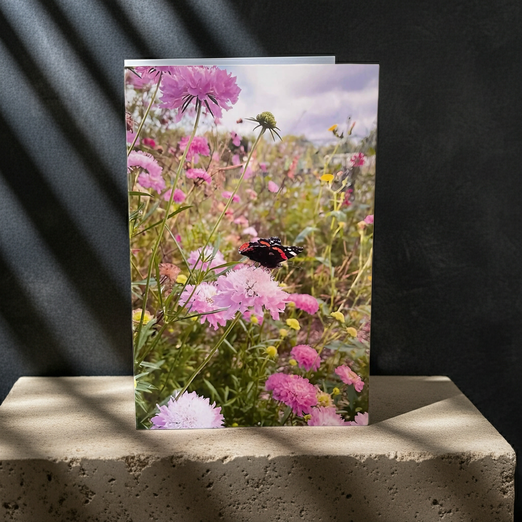 The Summers Day Greeting Card by Bishy Barnabees Cottage Garden features a butterfly on pink wildflowers in a blooming meadow—perfect for sending cheerful summer wishes.