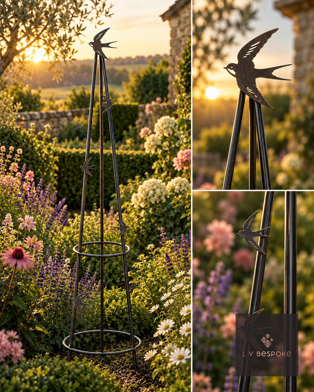 Metal garden obelisk topped with a swallow in a flower border