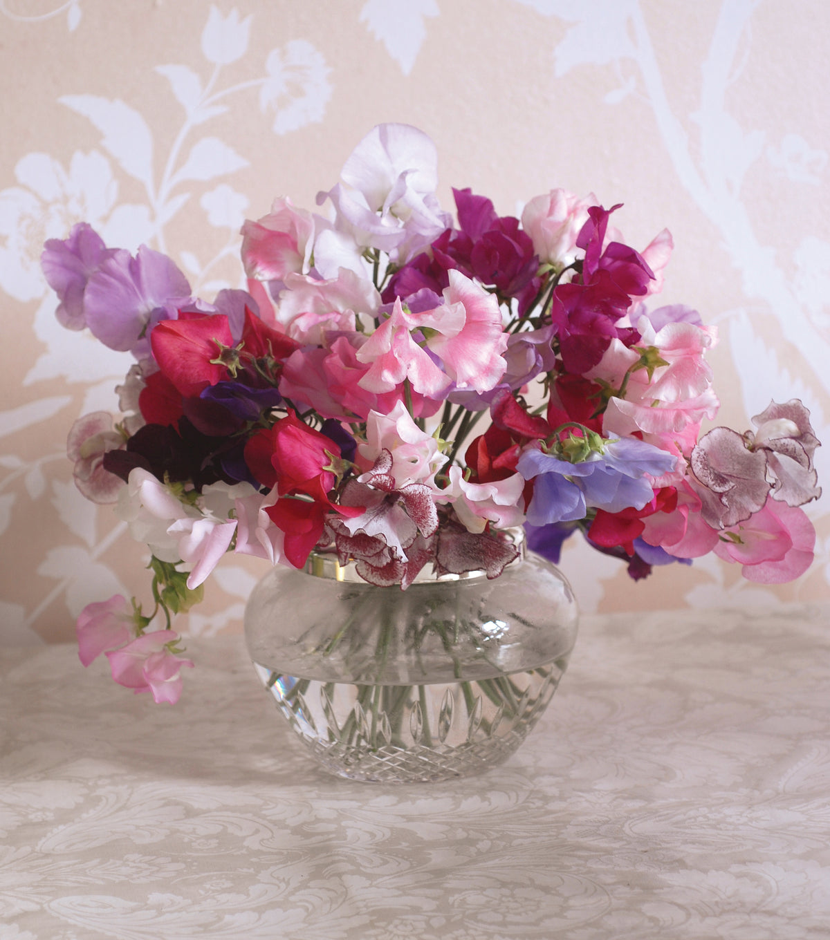 Sweet Pea Sweet Dreams – pink, white, purple and crimson blooms in a round glass vase
