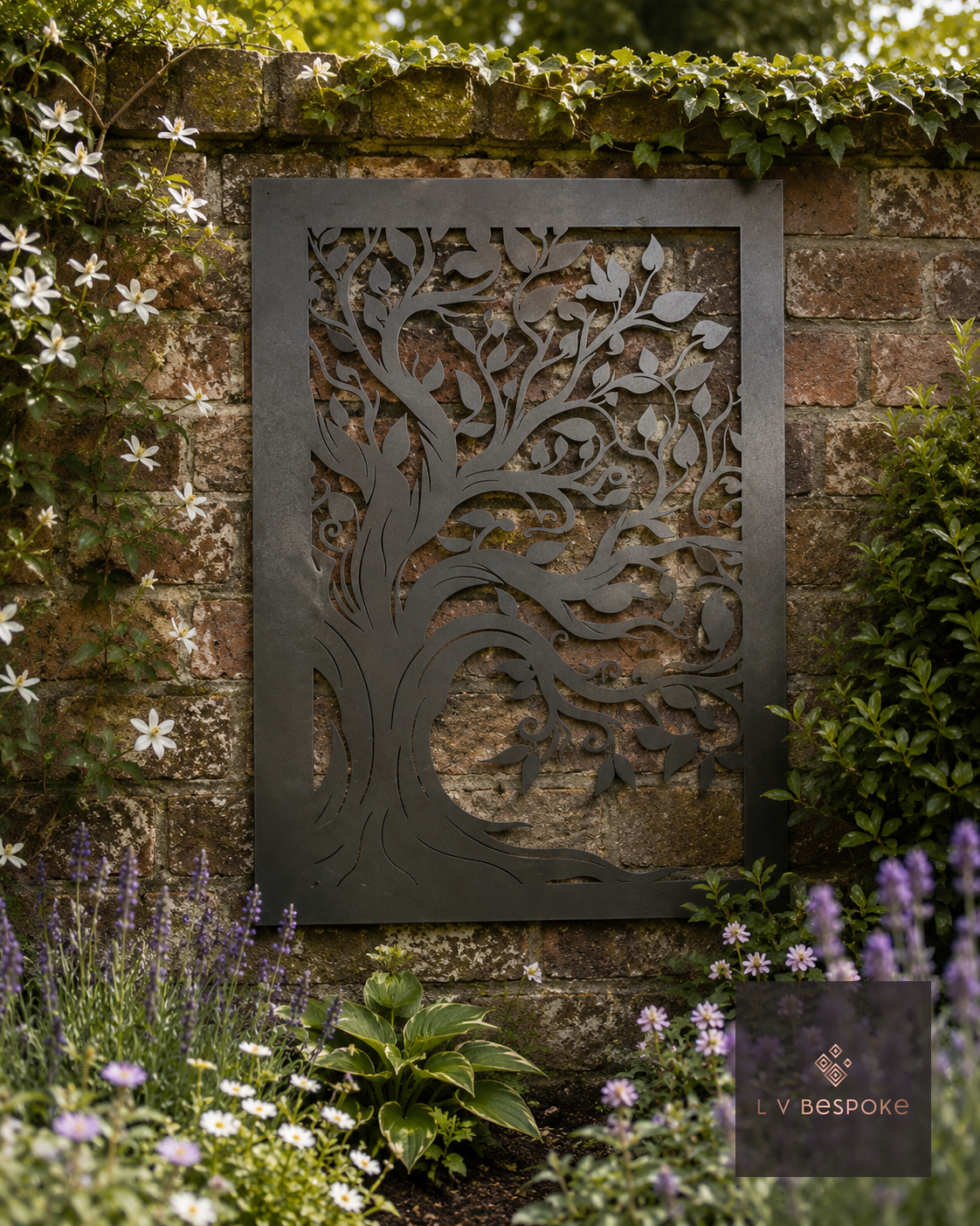 Metal tree panel wall art on a brick garden wall