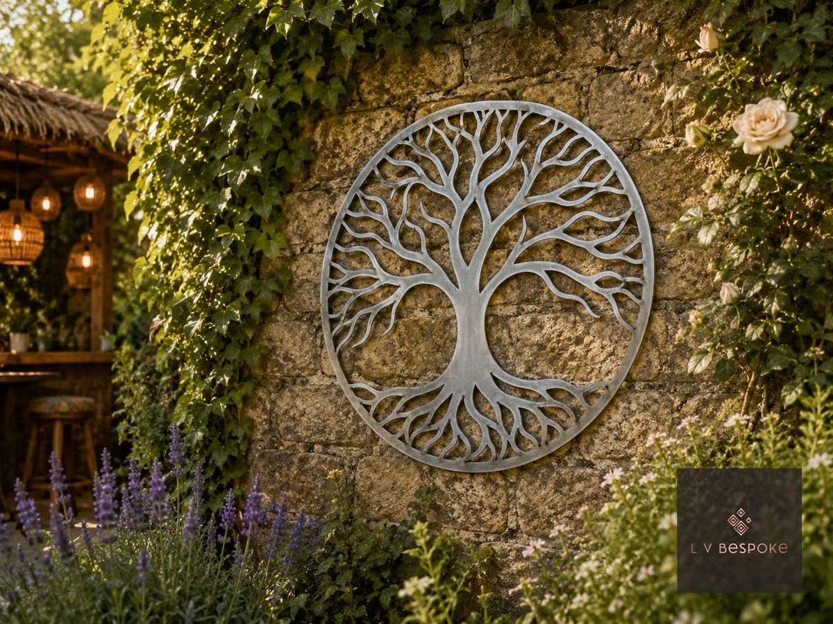 Round metal Tree of Life wall art on a garden wall